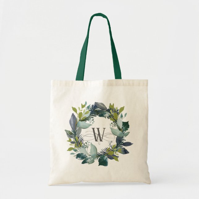 Watercolor Botanical Wreath Teal Green Monogram Tote Bag (Front)