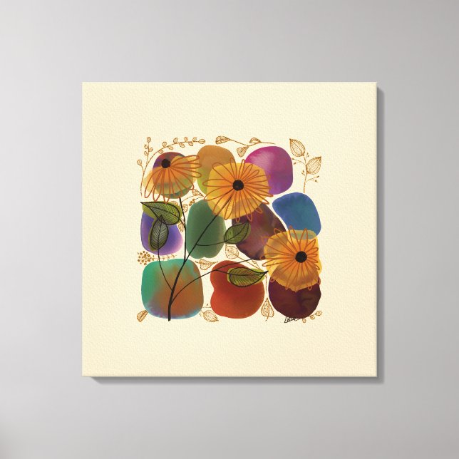 Watercolor Botanicals Gold Flowers Rocks Modern Canvas Print (Front)