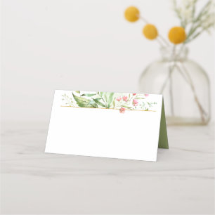 Watercolor Botanicals Green Leaves Pink Flowers   Place Card