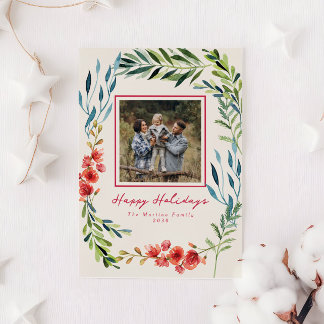 Watercolor Botanicals Photo Christmas Holiday Card