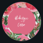 Watercolor Botanicals Pink Anemone Floral Wedding Classic Round Sticker<br><div class="desc">Watercolor inspired floral and white text over pink background.</div>