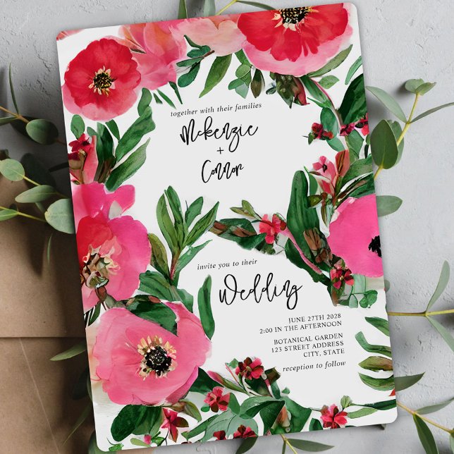 Watercolor Botanicals Pink Anemone Floral Wedding Invitation (Creator Uploaded)