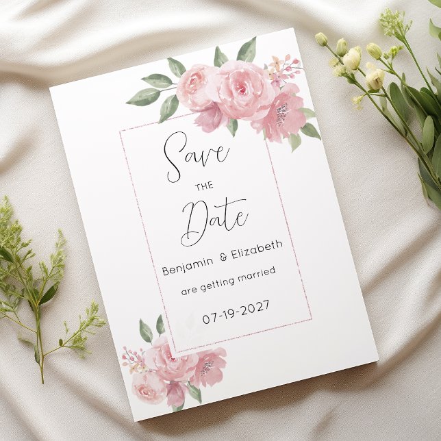 Watercolor botanicals pink flowers Save the Date Invitation (Watercolor botanicals pink flowers Save the Date)