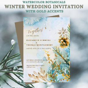 Watercolor Botanicals Winter Wedding Gold Accents Invitation