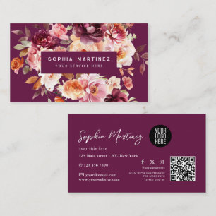 Watercolor Bouquet Floral Burgundy & QR Code Logo Business Card