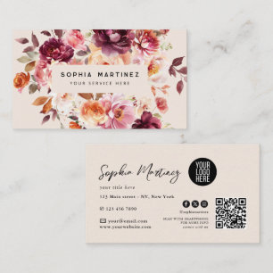 Watercolor Bouquet Floral Burgundy & QR Code Logo Business Card