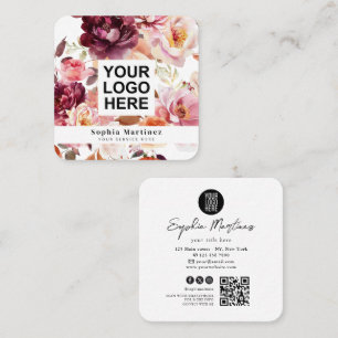 Watercolor Bouquet Floral Burgundy & QR Code Logo Square Business Card
