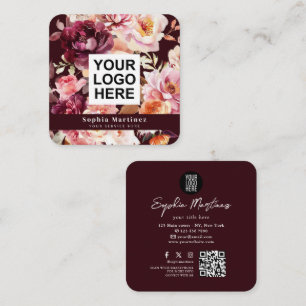 Watercolor Bouquet Floral Burgundy & QR Code Logo Square Business Card