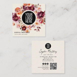 Watercolor Bouquet Floral Burgundy & QR Code Logo Square Business Card
