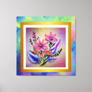 Watercolor Bouquet Flowers, Colourful Background Canvas Print