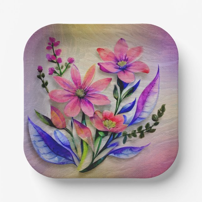 Watercolor Bouquet Flowers, Colourful Background   Paper Plate (Front)
