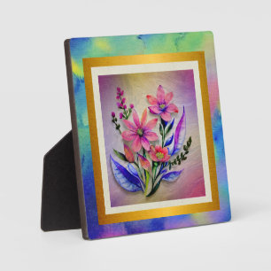 Watercolor Bouquet Flowers, Colourful Background   Plaque