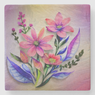 Watercolor Bouquet Flowers, Colourful Background Stone Coaster