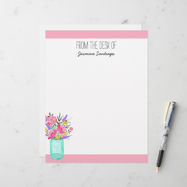 Watercolor Bouquet Mason Jar Flowers Personalised Custom Letterhead (Front/Back In Situ)