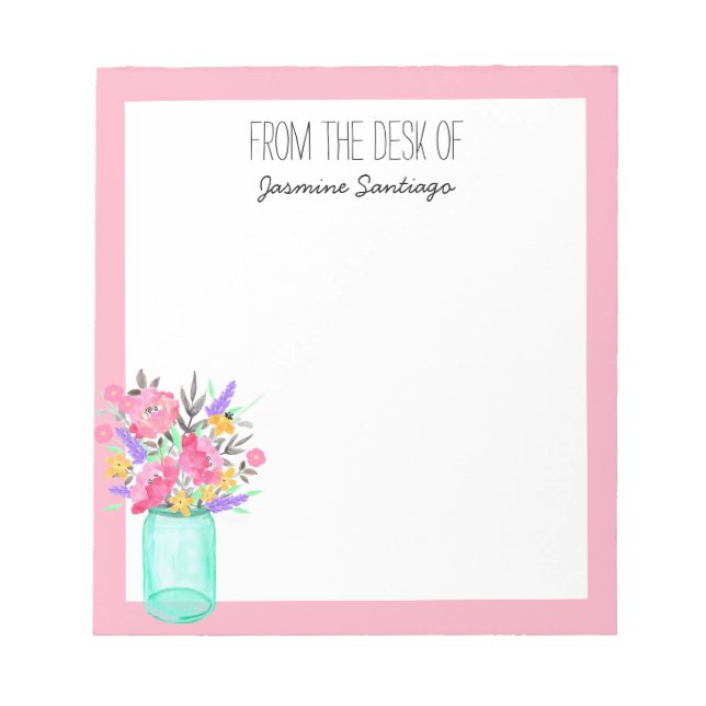 Watercolor Bouquet Mason Jar Flowers Personalised  Notepad (Front)