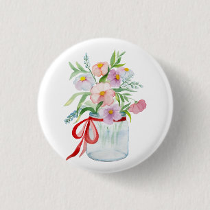 Watercolor bouquet of flowers in a vase with a rib 3 cm round badge