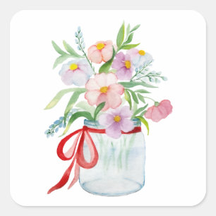 Watercolor bouquet of flowers in a vase with a rib square sticker