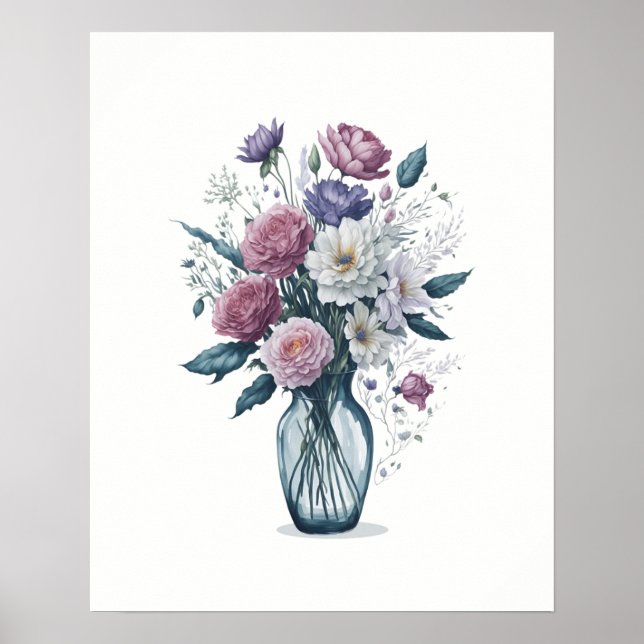 Watercolor Bouquet of Flowers in Glass Vase Poster (Front)