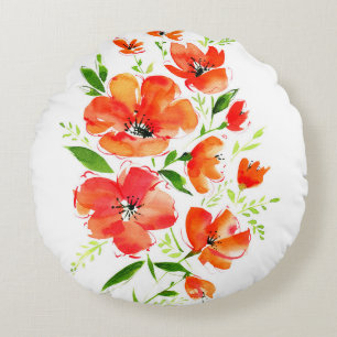 Watercolor bouquet of ornamental poppy flowers round cushion
