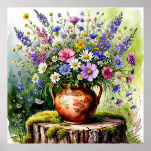 Watercolor Bouquet of Wildflowers in vase Poster
