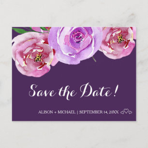 Watercolor bouquet peonies plum wedding save date announcement postcard