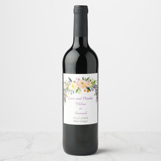 Watercolor Bouquet Personalised Wedding Wine Label (Front)