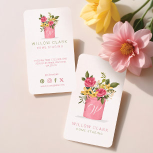 Watercolor Bouquet Potted Floral Roses Monogram Business Card