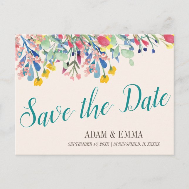 Watercolor Bouquet Save the Date Wedding Postcard (Front)