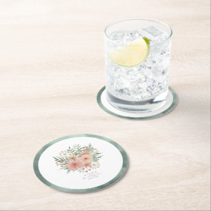 Watercolor Bouquet Wedding Blush ID654 Round Paper Coaster