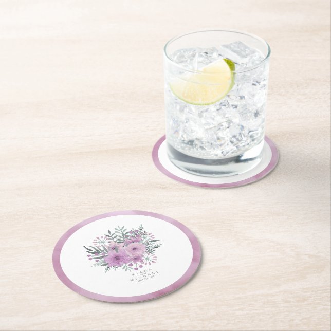 Watercolor Bouquet Wedding Lilac ID654 Round Paper Coaster (Insitu)