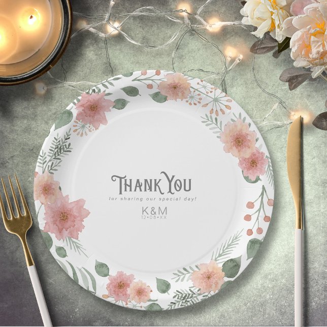 Watercolor Bouquet Wedding Thank You Blush ID654 Paper Plate (Creator Uploaded)