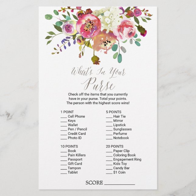 Watercolor Bouquet "What's In Your Purse" Game (Back)