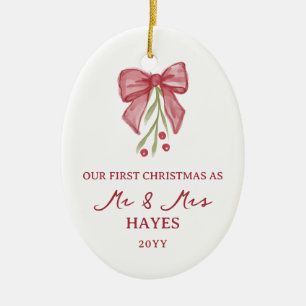 Watercolor Bow Berry Twig First Christmas Married Ceramic Tree Decoration