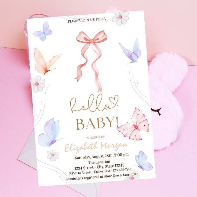 Watercolor Bow Butterfly Dots Baby Shower  Invitation (Creator Uploaded)