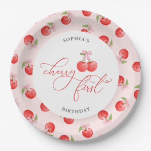 Watercolor Bow Cherry First 1st Birthday Paper Plate