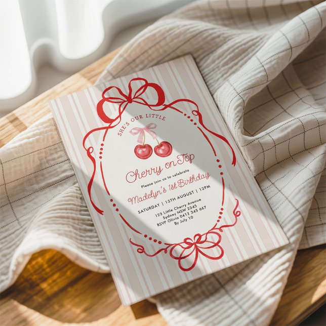 Watercolor Bow Cherry On Top Girl 1st Birthday Invitation (Creator Uploaded)