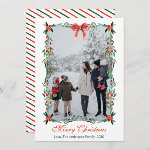 Watercolor Bow Christmas Greenery Berries Photo Holiday Card