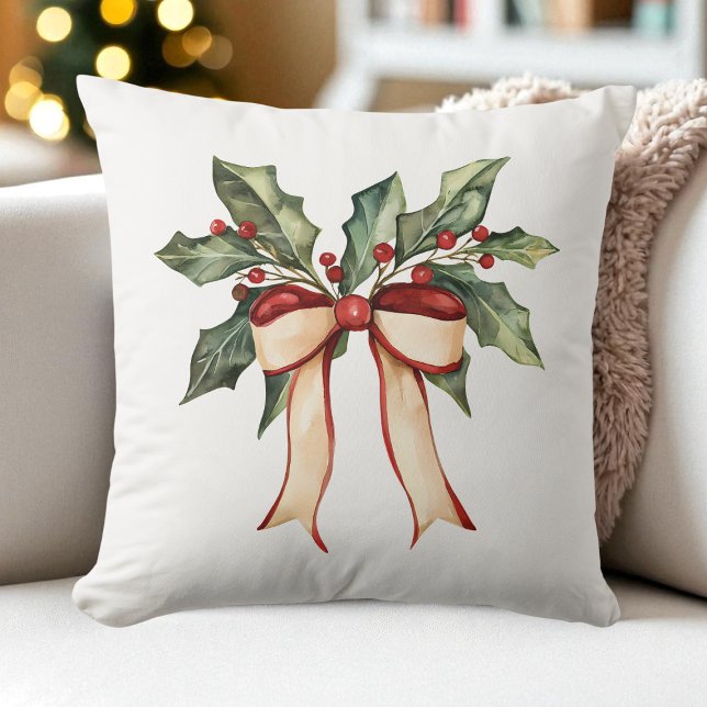 Watercolor Bow Christmas Holly Modern Rustic Cushion (Watercolor Bow Christmas Holly Modern Rustic Throw Pillow)