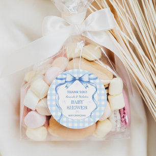 Watercolor Bow Gingham Blue Baby Boy Shower Classic Round Sticker