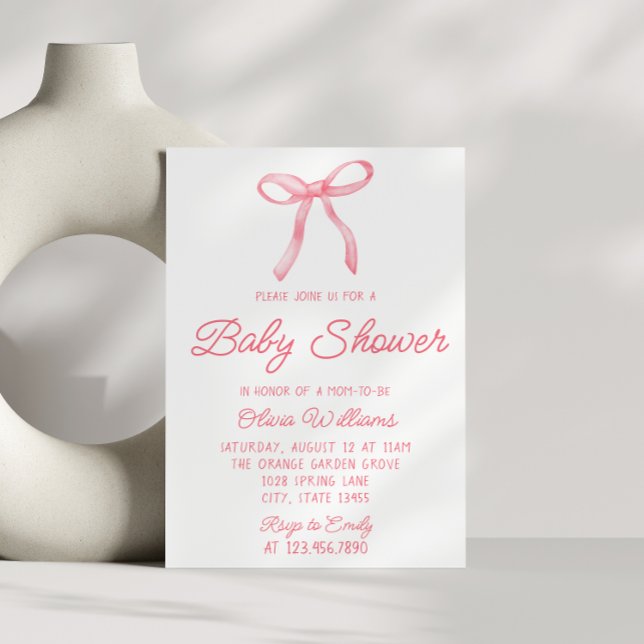 Watercolor Bow Pink Hand Written Baby Girl Shower Invitation (Creator Uploaded)