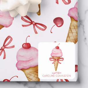 Watercolor Bow Pink Ice Cream Cone Gift Enclosure Square Sticker