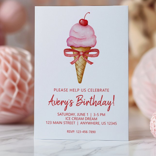 Watercolor Bow Pink Ice Cream Cone Party Invitation (Creator Uploaded)