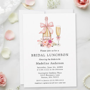 Watercolor Bow Pink Roses Bridal Luncheon Invitation