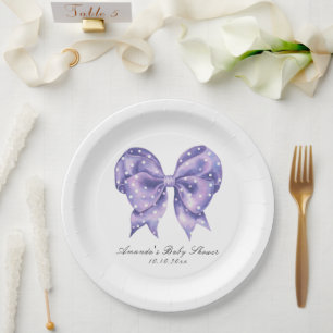 Watercolor Bow Polka Dot Baby Shower Paper Plate