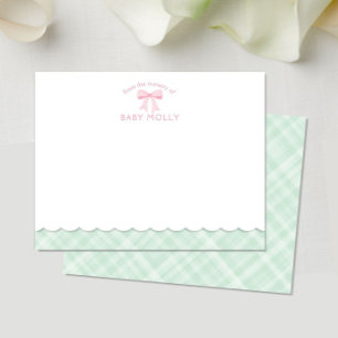 Watercolor Bow Preppy Pink Mint Plaid New Baby Card