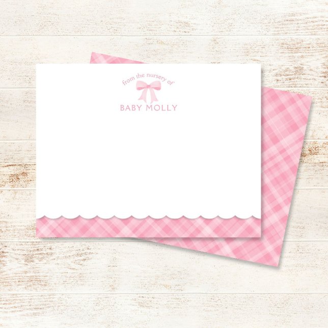 Watercolor Bow Preppy Pink Plaid Baby Note Card (Creator Uploaded)