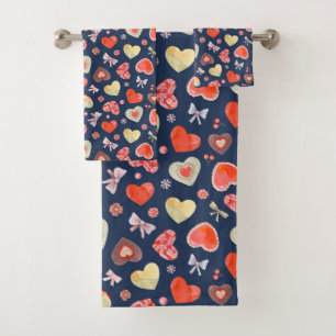 Watercolor Bows and Hearts  Bath Towel Set