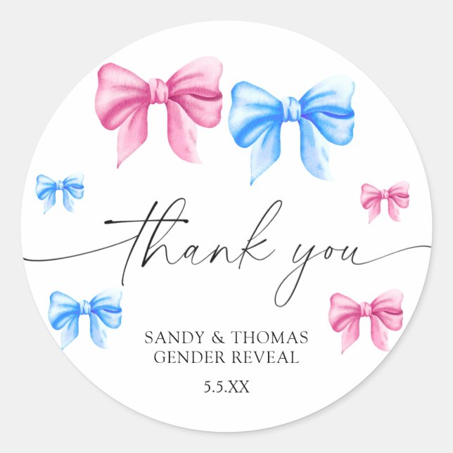 Watercolor Bows - Thank you gender reveal Classic Round Sticker (Front)