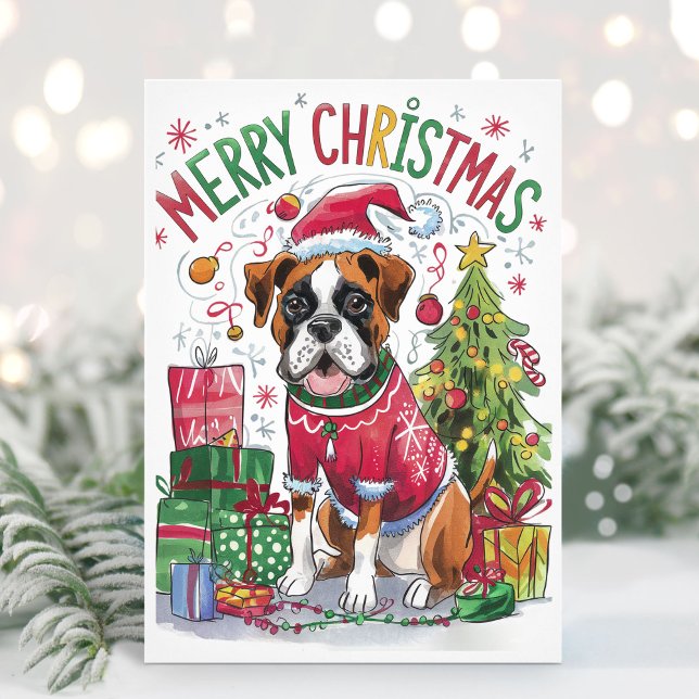 Watercolor Boxer Dog Christmas Card (Boxer Dog Christmas Card)