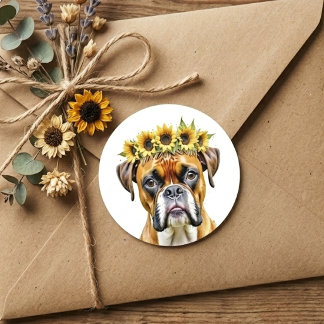 Watercolor Boxer Dog Floral Sunflower Crown Classic Round Sticker